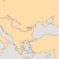Region associated with the historic Getae people, shown in red dots at the mouth of the Danube River